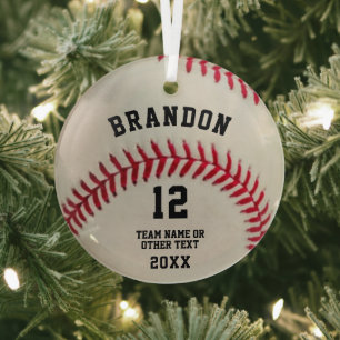 Baseball Player Ball Red Stitching Personalised Glass Tree Decoration