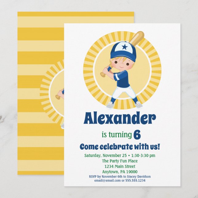 Baseball Player - Blonde Boys Birthday Invitation (Front/Back)