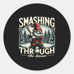 Baseball Player Christmas Gnome, Smashing Through Classic Round Sticker