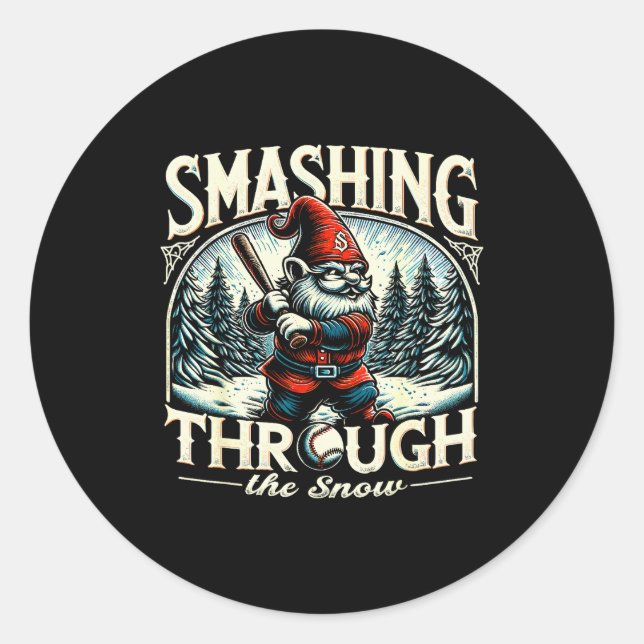 Baseball Player Christmas Gnome, Smashing Through  Classic Round Sticker (Front)
