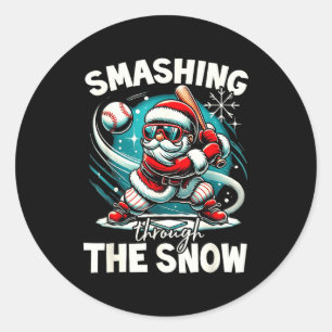 Baseball Player Christmas Santa, Smashing Through  Classic Round Sticker