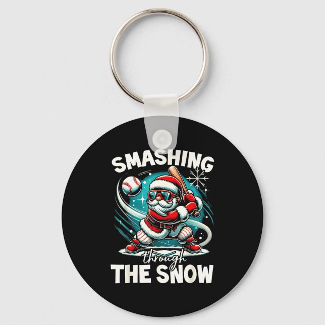 Baseball Player Christmas Santa, Smashing Through  Key Ring (Front)