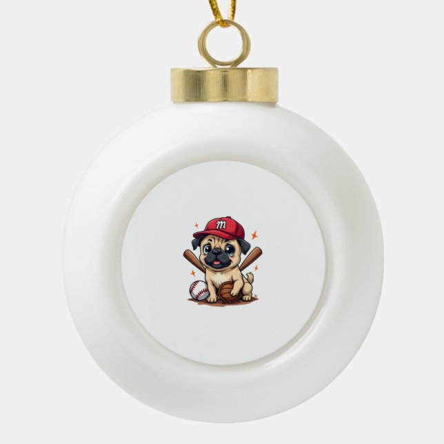 Baseball Player Coach Pug Dog Lover Pug Mum Ceramic Ball Christmas Ornament (Front)