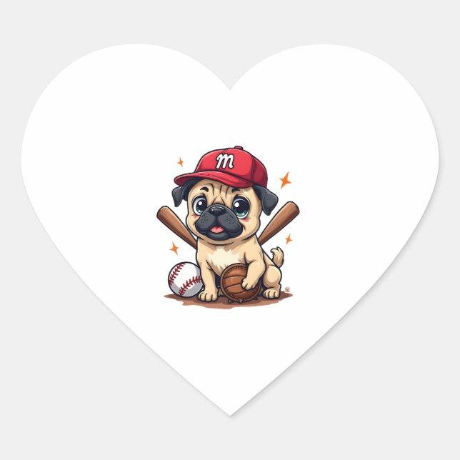 Baseball Player Coach Pug Dog Lover Pug Mum Heart Sticker (Front)