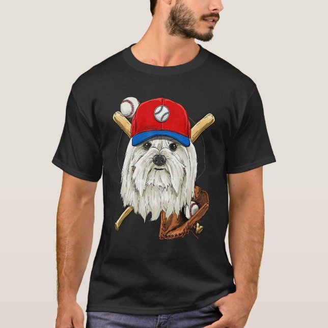 Baseball Player Coaches Maltese Dog  Pitcher Catch T-Shirt (Front)