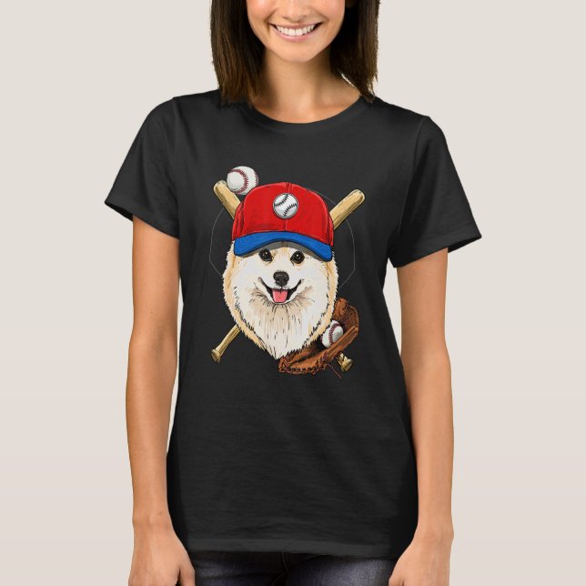 Baseball Player Coaches Pomeranian Dog  Catcher Pi T-Shirt (Front)