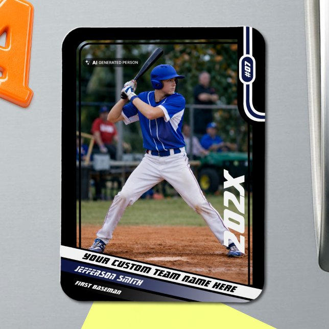 Baseball Player Custom Blue Magnet (Black Baseball Player Magnet with Custom Team Name and White Blue Stripes)
