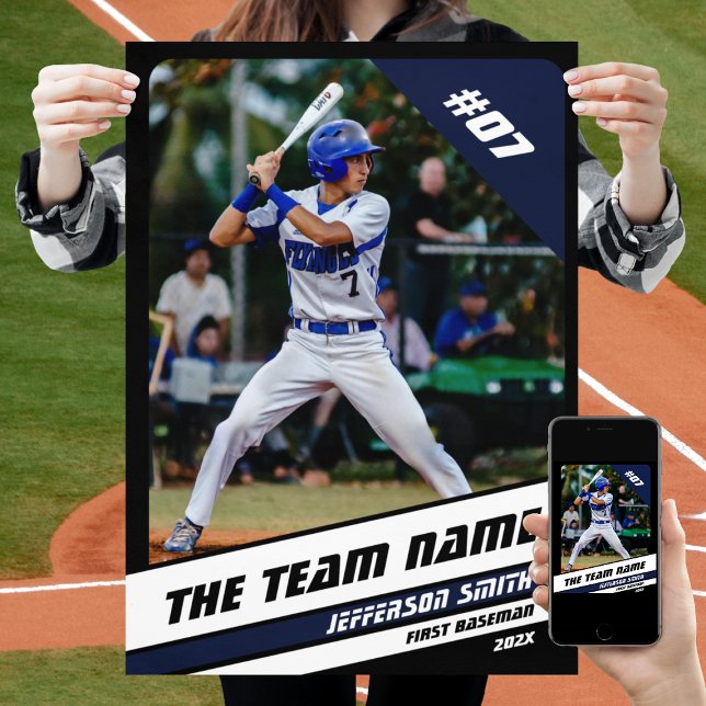 Baseball Player Custom Gift Black White Blue Poster (Baseball Player Poster in Black with Custom Team Name and White Blue Stripes)
