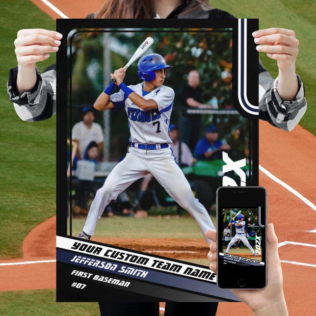 Baseball Player Custom Gift in Blue Poster (Baseball Player Poster in Black with Custom Team Name and White Blue Stripes)