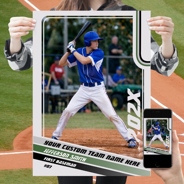 Baseball Player Custom Gift in Grey Green Poster (Baseball Player Poster in Light Grey with Custom Team Name and Grey Green Stripes)
