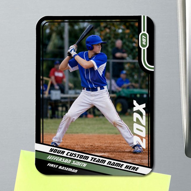 Baseball Player Custom Green Magnet (Black Baseball Player Magnet with Custom Team Name and White Green Stripes)