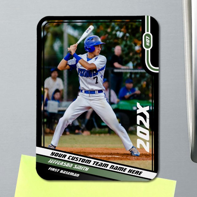 Baseball Player Custom Green Magnet (Black Baseball Player Magnet with Custom Team Name and White Green Stripes)
