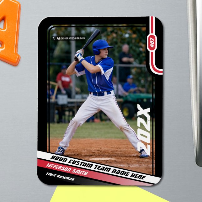 Baseball Player Custom Red Magnet (Black Baseball Player Magnet with Custom Team Name and White Red Stripes)