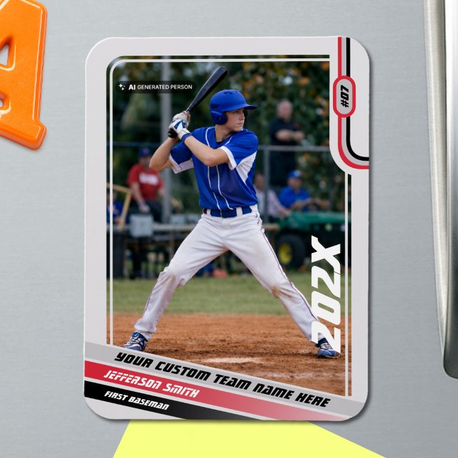 Baseball Player Custom Red Magnet (Baseball Player Magnet in Light Grey with Custom Team Name and Black Red Stripes)