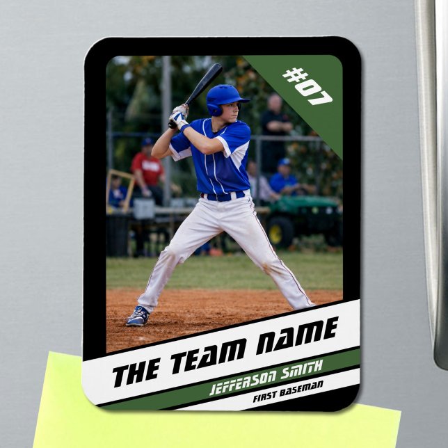 Baseball Player Customisable Black Green Magnet (Baseball Player Magnet in Black with Custom Team Name and White Green Stripes)