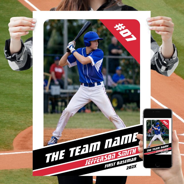 Baseball Player Customisable Gift in White Red Poster (Baseball Player Poster in White with Custom Team Name and Black Red Stripes)