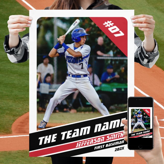 Baseball Player Customisable Gift in White Red Poster (Baseball Player Poster in White with Custom Team Name and Black Red Stripes)
