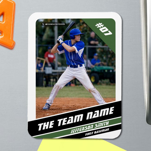 Baseball Player Customisable White Green Magnet (Baseball Player Magnet in White with Custom Team Name and Black Green Stripes)