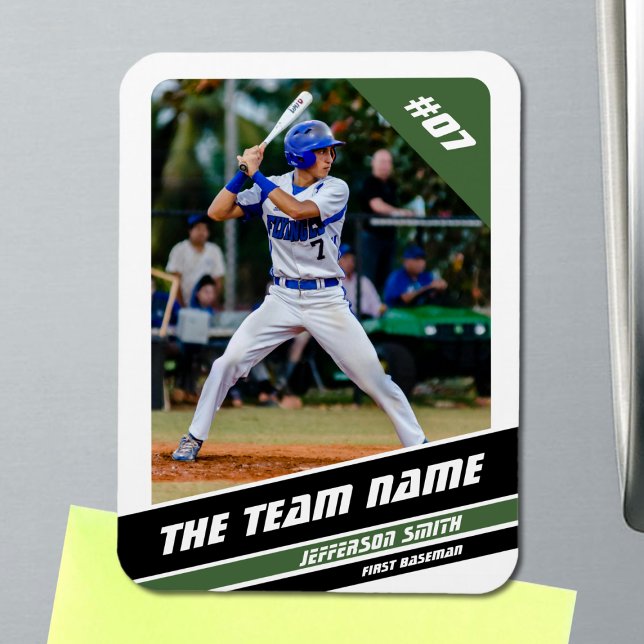 Baseball Player Customisable White Green Magnet (Baseball Player Magnet in White with Custom Team Name and Black Green Stripes)