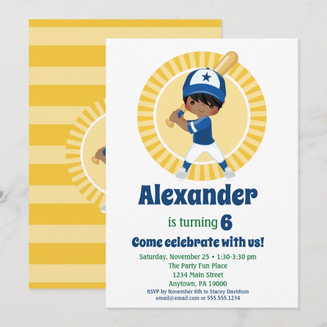 Baseball Player Hispanic Boys Birthday Invitation (Front/Back)