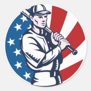 Baseball player holding bat american flag woodcut classic round sticker