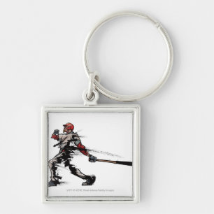 Baseball player holding bat, side view key ring