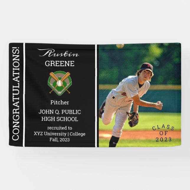 Baseball Player Photo Black Graduation  Banner (Horizontal)