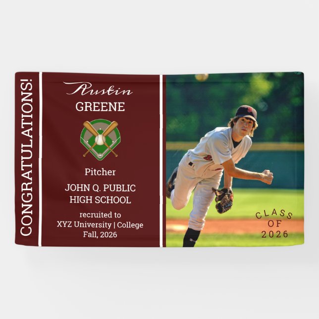 Baseball Player Photo Maroon Graduation Banner (Horizontal)