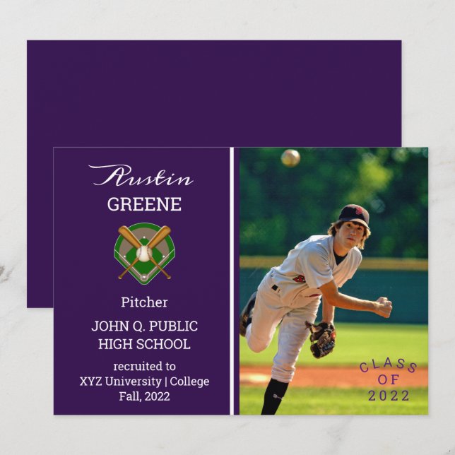 Baseball Player Photo Purple Graduation Invitation (Front/Back)