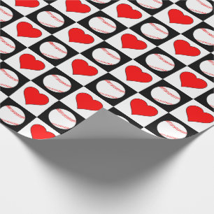 Baseball Player Red Heart Checker Pattern Wrapping Paper