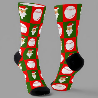 Baseball Player Santa Christmas Pattern Holiday Socks