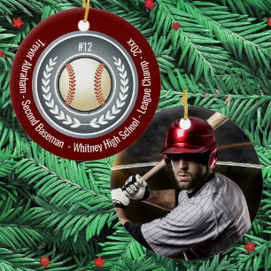 Baseball Player School Silver Grey Red Photo Ceramic Tree Decoration