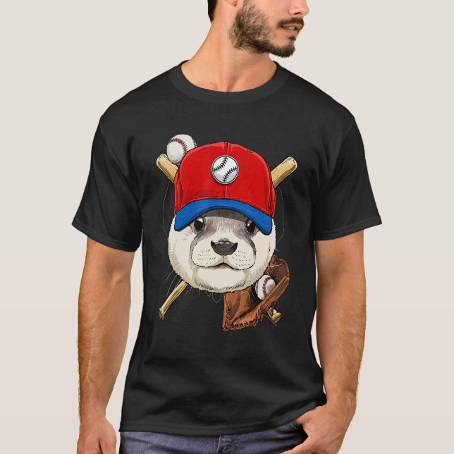 Baseball Player Sea Otter Pitcher Catcher Baseball T-Shirt (Front)