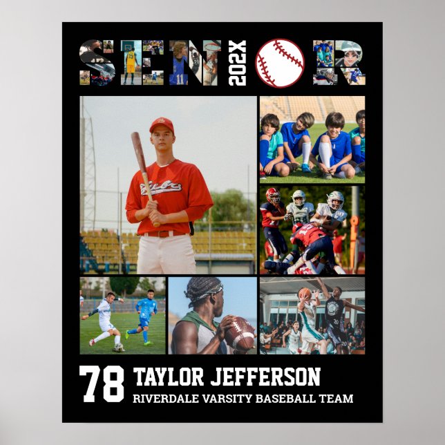 Baseball Player Senior Night Sports Photo Collage Poster (Front)