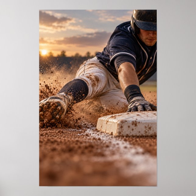 Baseball Player Sliding Into Base at Sunset Wall A Poster (Front)