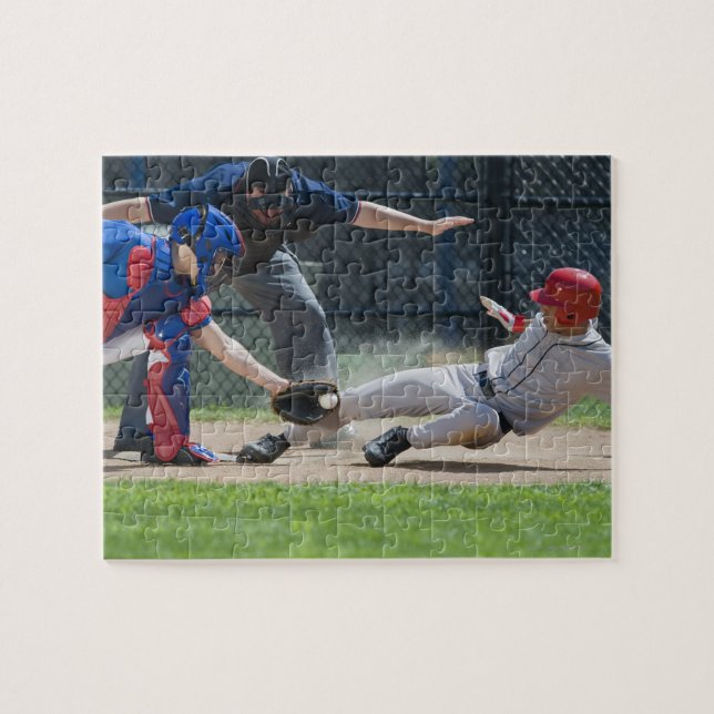 Baseball player sliding into home plate jigsaw puzzle (Horizontal)