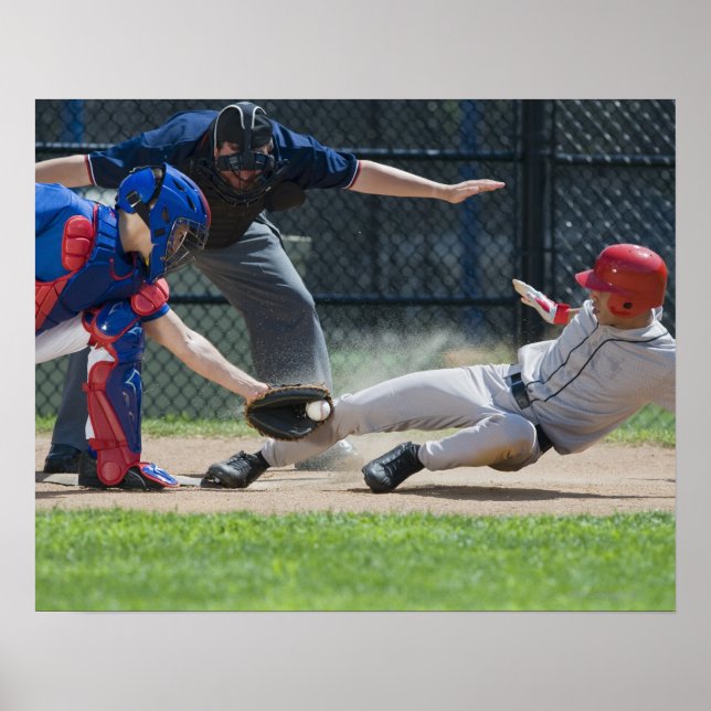 Baseball player sliding into home plate poster (Front)