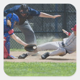 Baseball player sliding into home plate square sticker