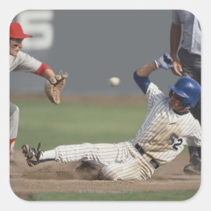 Baseball player sliding into third base with square sticker