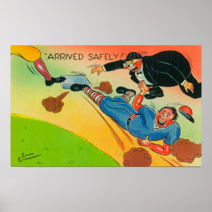 Baseball Player Sliding to Base, Arriving Poster