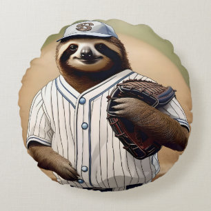 Baseball Playing Sloth,  Round Cushion