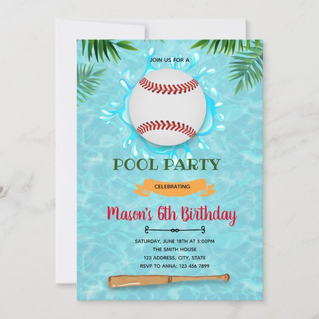 Baseball pool birthday invitation card (Front)