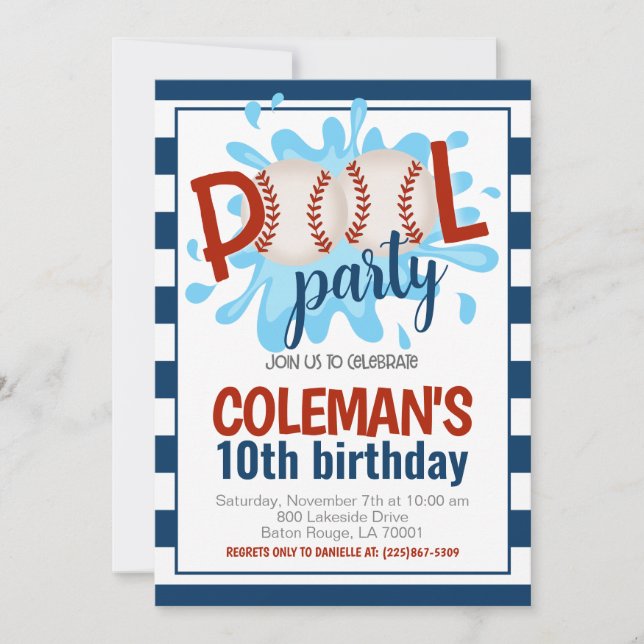 Baseball Pool Party Birthday Invitation (Front)