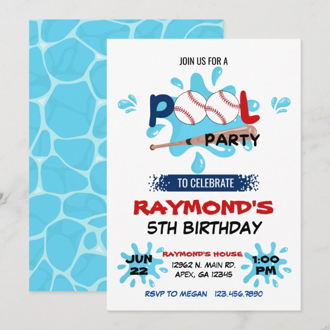 Baseball Pool Party Birthday  Invitation (Front/Back)