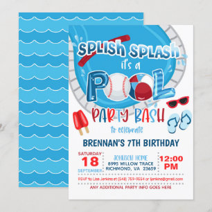 Baseball Pool Party Invitation - Boy - Wh