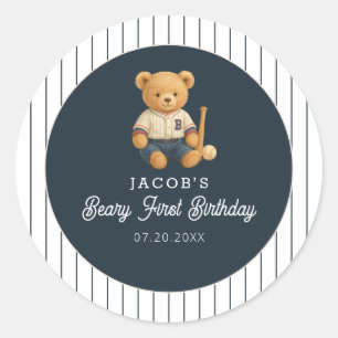 Baseball Preppy Bear 1st Birthday Classic Round Sticker
