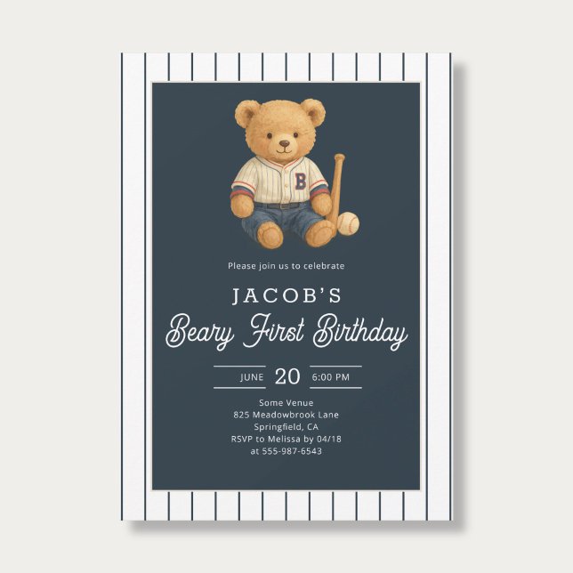 Baseball Preppy Bear 1st Birthday Invitation (Creator Uploaded)