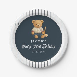 Baseball Preppy Bear 1st Birthday Paper Plate