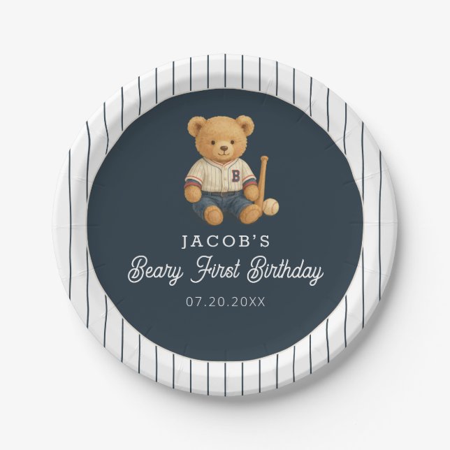 Baseball Preppy Bear 1st Birthday Paper Plate (Front)