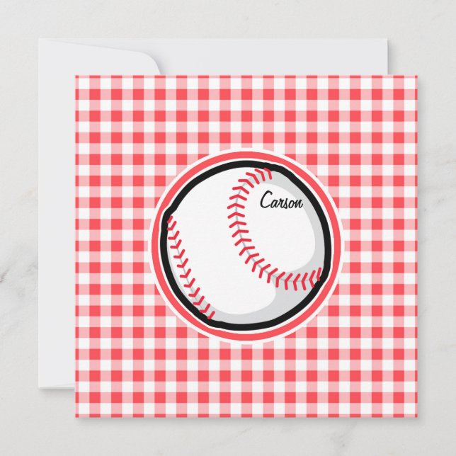Baseball; Red and White Gingham Invitation (Front)